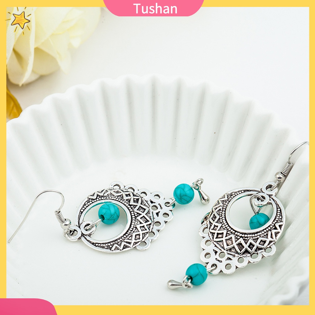 Khuyên tai dáng dài đính đá ngọc lam phong cách Boho