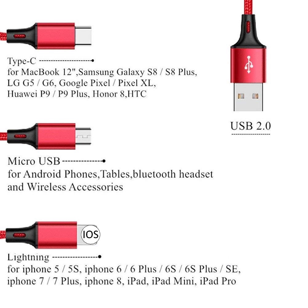 Dây Cáp Sạc Nhanh 3 Trong 1 Micro USB Type C Cho Android iPhone
