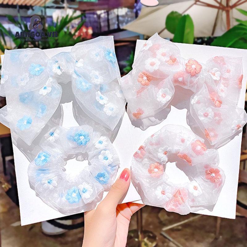 Dây Buộc Tóc Thắt Nơ Thêu Họa Tiết Hoa Cúc Xinh Xắn Thời Trang