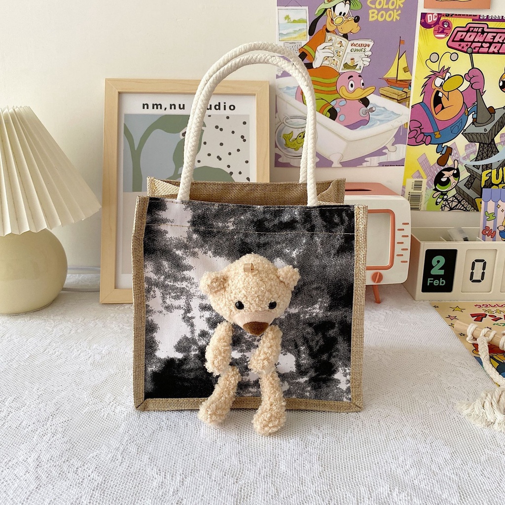 Túi cói tote mini Loang Gấu Phong cách Hàn Quốc TC004