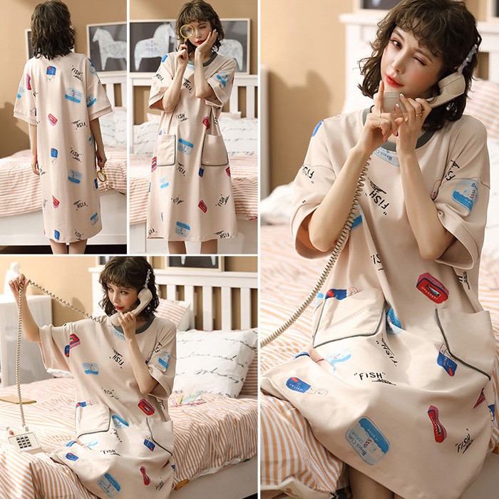 Đầm Ngủ Cotton Tay Ngắn Dáng Rộng In Họa Tiết Hoạt Hình Phong Cách Hàn Quốc Thời Trang Mùa Hè Cho Nữ