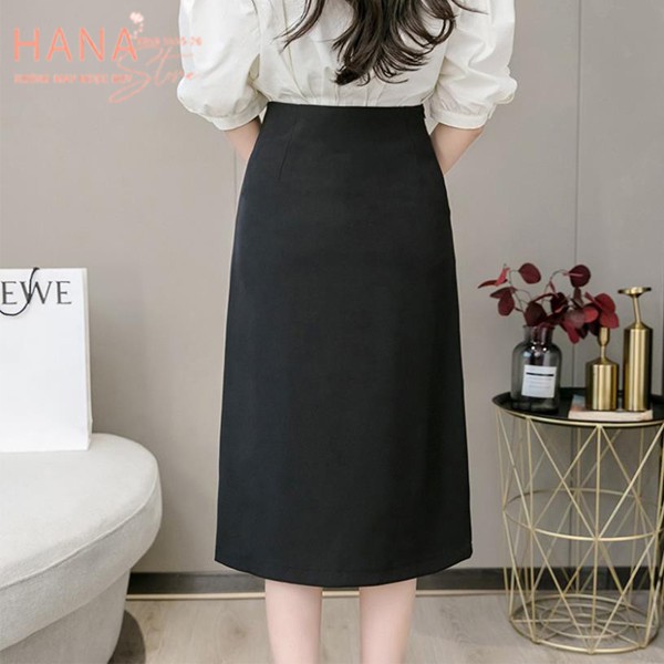 Chân váy công sở dài qua gối dáng chữ A xếp ly bản to khóa sau phối 3 cúc - Màu đen trắng nâu - Vải dày mặc đi tiệc biển | BigBuy360 - bigbuy360.vn