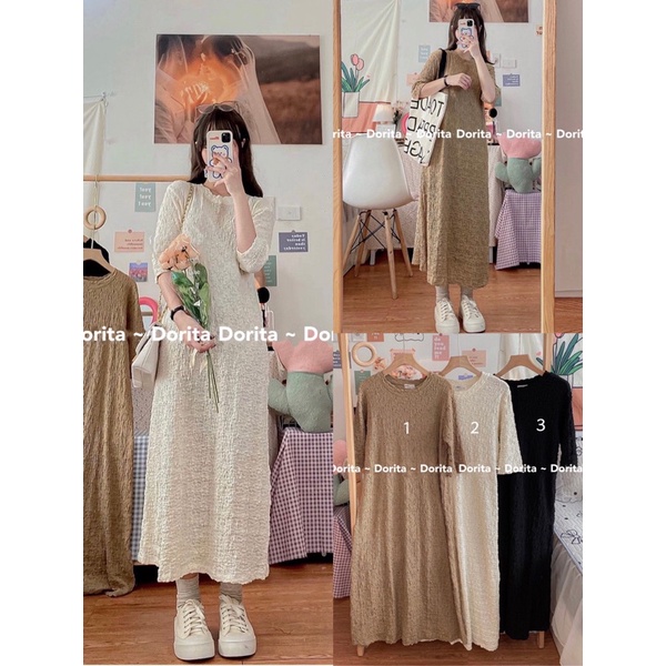 [Ảnh thật/Video] Váy suông đũi nhăn Basic, Đầm cổ tròn dáng suông Hàn Quốc - Dorita Boutique