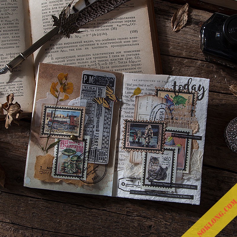 Bộ 40 tem dán nhãn sticker cổ điển vintage - Tập phong bì tem retro Tuệ Minh