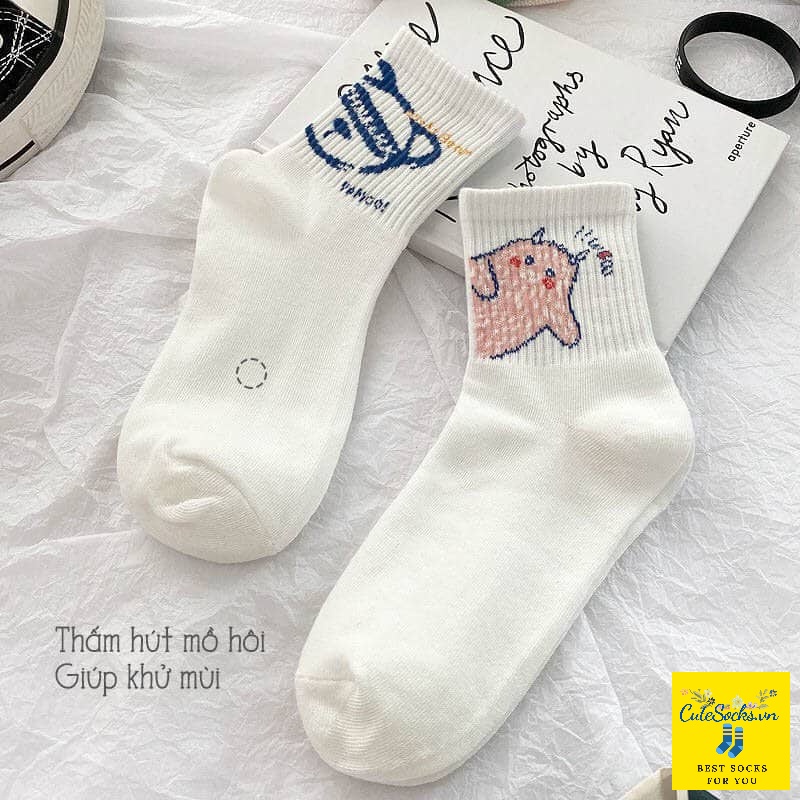 Set 5 đôi Tất cổ cao, chất liệu cotton họa tiết cổ dễ thương, đi chơi đi học cực xinh