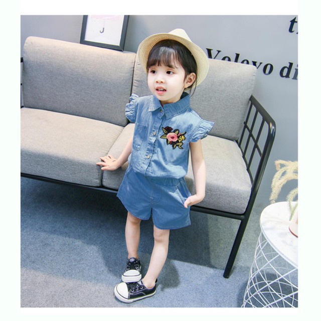 Quần Áo Trẻ Em Đồ Bộ Bé Gái Tay Cánh Tiên Chất Jean Cotton Bana Kids 02157