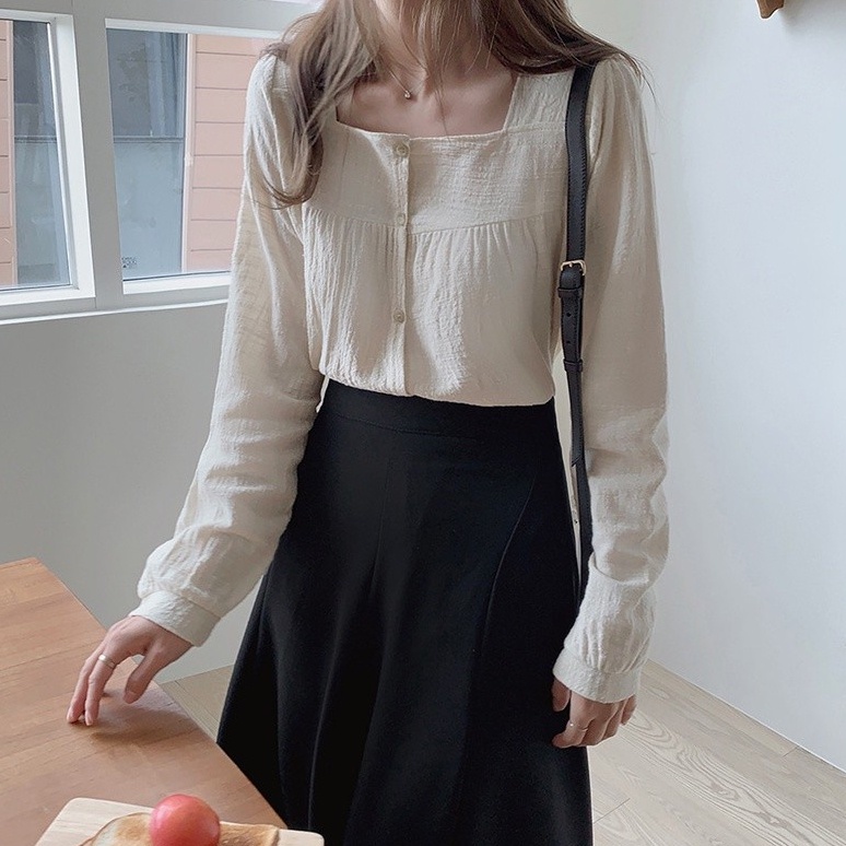 SUXI Áo Sơ Mi Tay Dài Cổ Vuông Màu Sắc Đơn Giản Dễ Phối Đồ Phong Cách Hàn Quốc Cho Nữ