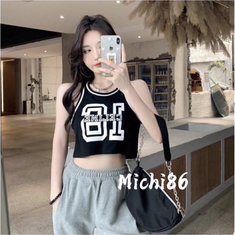 Áo ba lỗ croptop thể thao in hình số 16 Michi,áo ba lỗ thể thao nữ