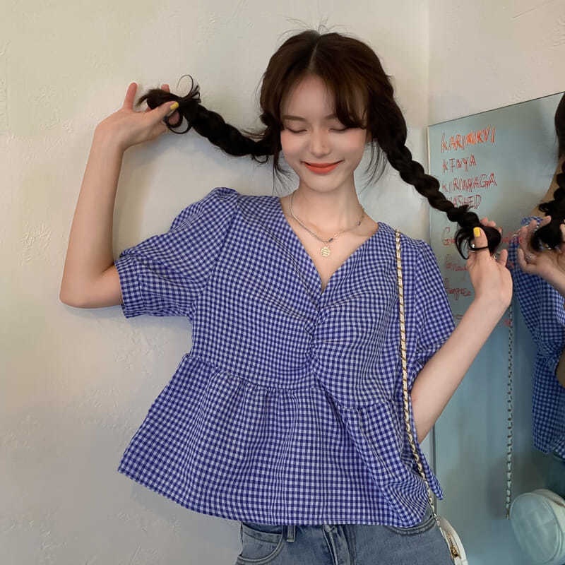 Áo sơ mi tay ngắn phồng cổ chữ V dáng rộng họa tiết sọc caro thời trang mùa hè mới dành cho nữ 2021