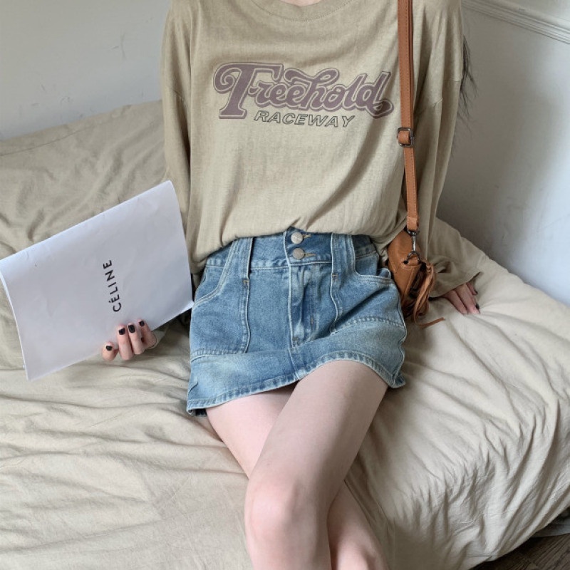 Chân Váy Jean Lưng Cao Cài Nút Đôi Phong Cách Retro Thời Trang Mùa Hè Cho Nữ
