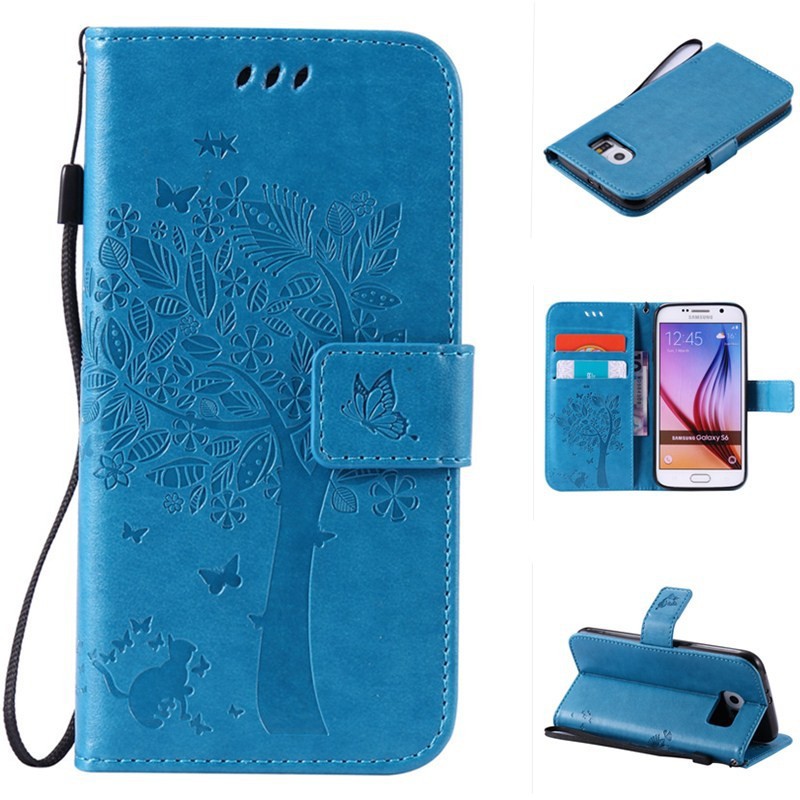 Bao da dập nổi họa tiết cây và mèo cho Samsung Galaxy S7 Edge