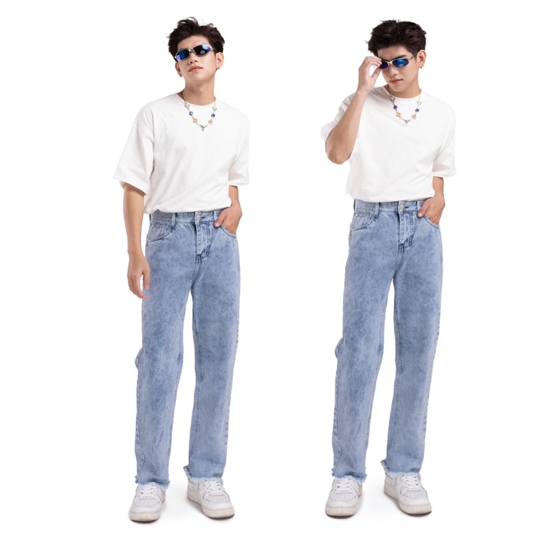 KIẾM LÀ MỐT FUNKY - quần jeans nam dài ống rộng màu xanh wash lai tua