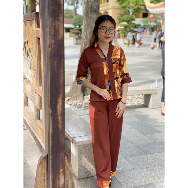 Đồ lam đi chùa nữ mẫu bà lai lụa phối hoạ tiết tay lỡ, vải tuyết nhung cao cấp, form suông, hàng big size