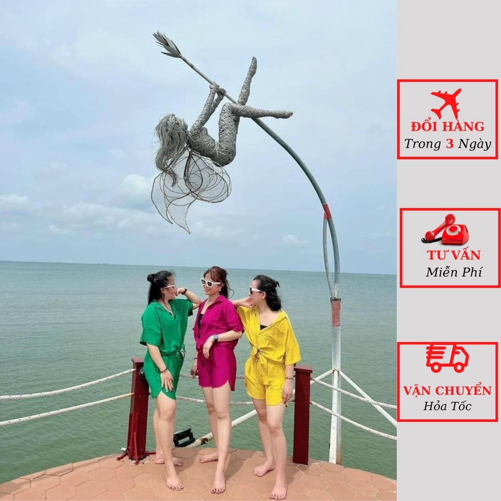 Set áo sơ mi đũi nữ tay ngắn kèm quần short ngắn đi biển du lịch ulzzang Hàn Quốc