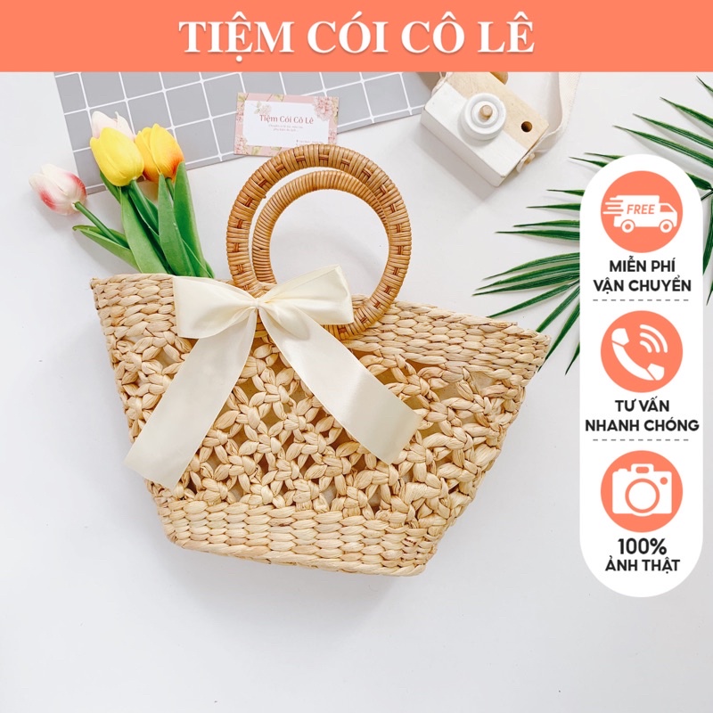 Túi lục bình hoa mai đi biển hoặc chụp áo dài, phụ kiện trang trí cắm hoa xinh - Tiệm Cói Cô Lê