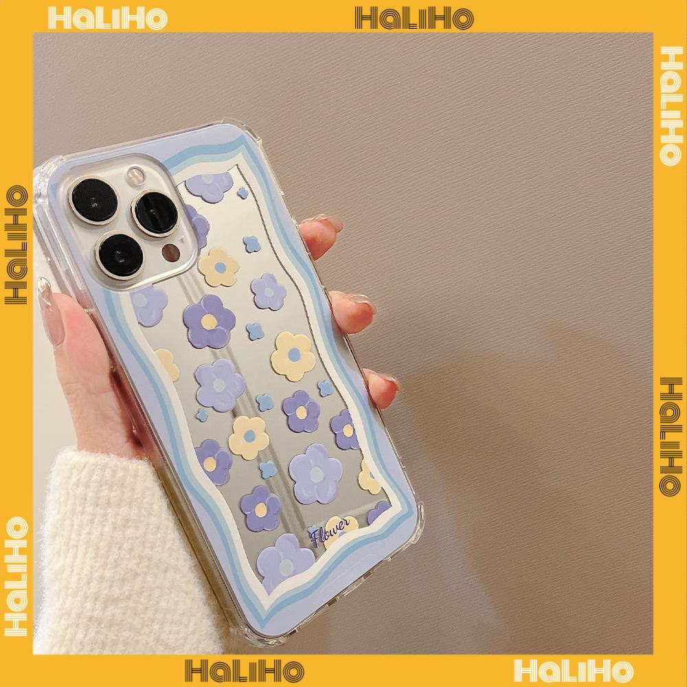 iPhone Case Acrylic HD Mirror Laser Airbag Shockproof Protection Camera Cute Blue Flowers Compatible For iPhone 11 iPhone 13 Pro Max iPhone 12 Pro Max iPhone 7 Plus iPhone xr xs