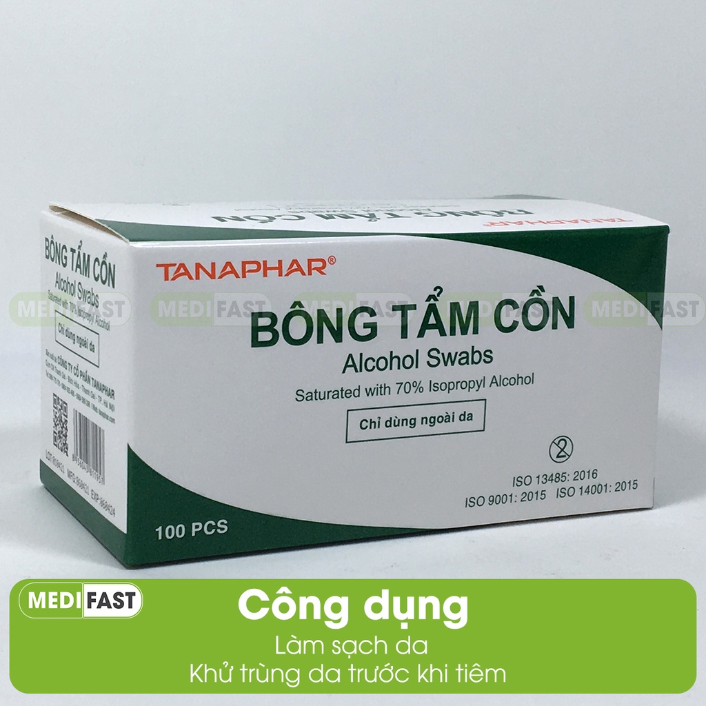 Bông tẩm cồn để sát khuẩn tay nhanh - Tanaphar - Hộp 100 miếng tiện lợi khử khuẩn tay nhanh