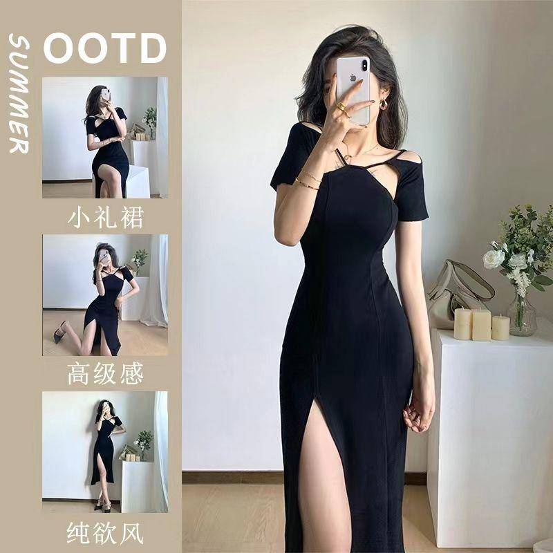 Đầm Midi Ngắn Tay Ôm Dáng Eo Cao Mỏng Quấn Hông Màu Đen Khoét Rỗng Phong Cách Hepburn