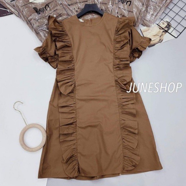 Váy đầm thô trơn nâu viền bèo chất đẹp L1