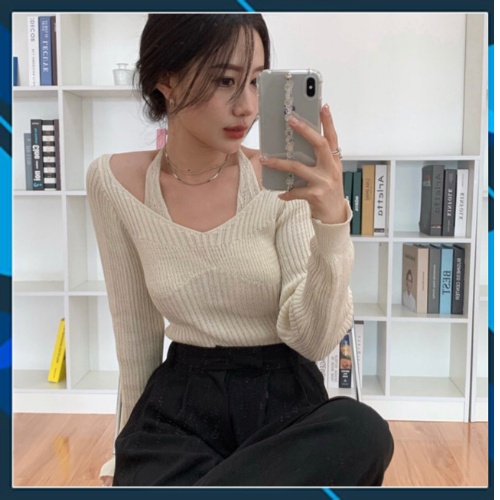 Áo len tăm tay dài nữ cổ tim giả 2 lớp ulzzang Hàn Quốc