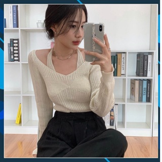 Áo len tăm tay dài nữ cổ tim giả 2 lớp ulzzang Hàn Quốc
