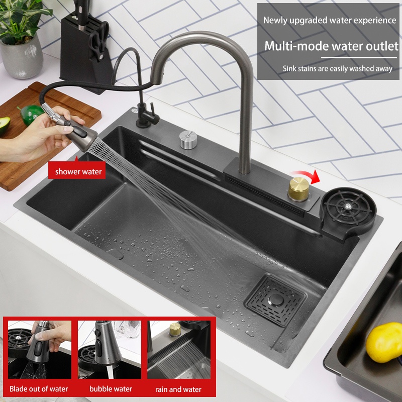 Chậu Rửa Bát Một Hố Lớn Schmidt 75x46 Inox 304 Mạ Nano Đen Kết Hợp Vòi Rút + Thác Nước - Bảo Hành 2 Năm