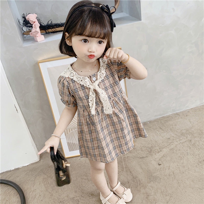 Đầm công chúa tay ngắn kẻ sọc caro thiết kế thời trang mùa hè theo phong cách Hàn Quốc cho bé gái 2021
