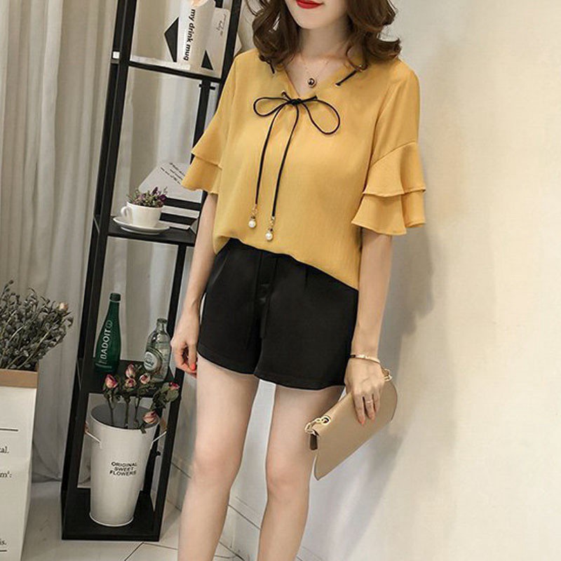 Áo Chiffon Nữ Tay Loe Cổ Chữ V Phong Cách Hàn Quốc