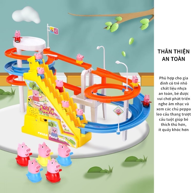 Bộ Đồ Chơi Heo Peppa Leo Cầu Thang Size Lớn Đường Ray Đôi Siêu Dễ Thương Cho Bé - Âm Nhạc Vui Nhộn