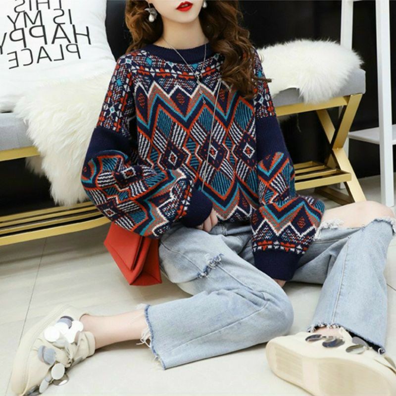 Hàng nhập - Áo len nữ form rộng hoa văn thổ cẩm, áo kiểu thu đông bohemian