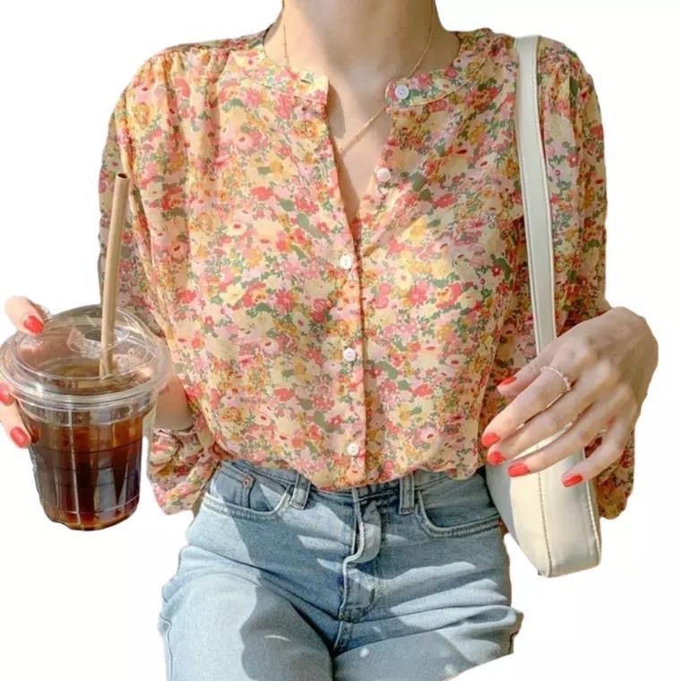 Áo sơ mi tay dài in hoa phong cách Hàn Quốc thanh lịch