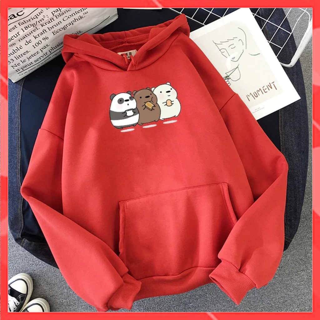 Áo Hoodie Nữ form rộng Cotton Nỉ da cá (Kèm hình thật chất áo có Logo Thương hiệu) 3 chú Gấu BEAR đang ăn