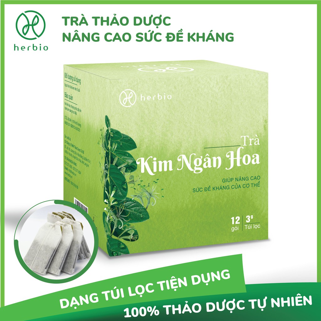 Trà thảo mộc Kim Ngân Hoa Herbio , có vị thơm tự nhiên từ hoa , giúp nâng cao sức đề kháng , hộp 12 gói , gói 3g