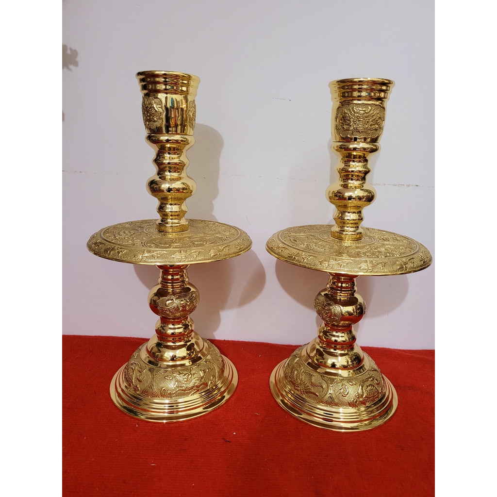Bộ Đỉnh Thờ Đồng Ngũ Sự Song Long Chầu Nguyệt cao 40cm bằng đồng nguyên chất đúc liền màu vàng bóng