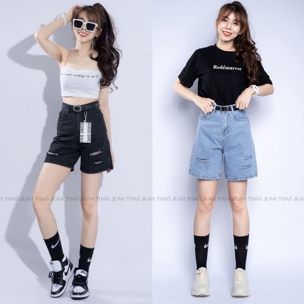 Quần Short Jean Bò Nữ Dáng Ngố Lửng Vải Mềm Rách Kiểu