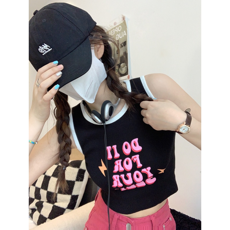 Áo kiểu croptop ZHELIHANGFEI sát nách dệt kim in họa tiết chữ cái quyến rũ cá tính cho nữ