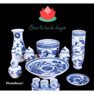 Bộ đồ thờ cúng sứ men xanh lam họa tiết rồng Bát Tràng (bát hương,bình hoa,mâm bồng)