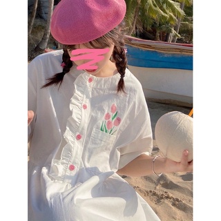 Váy đầm babydoll trắng in hoa tulip hồng ngắn tay mùa hè dễ thương ulzzang Hàn Quốc [Yannie]