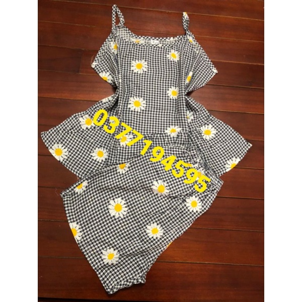 Đồ bộ 2 dây ngắn mặc ngủ vải châu tôn tole/lanh họa tiết tươi mát, thấm hút mồ hôi