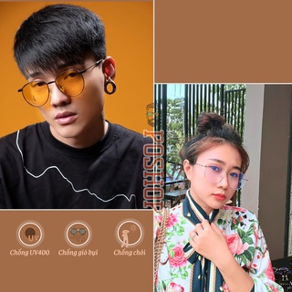 Mắt kính nam nữ POSHOP chống UV400 thiết kế mắt tròn oval gọng kim loại dễ đeo màu vàng thời trang đi đêm Baguette