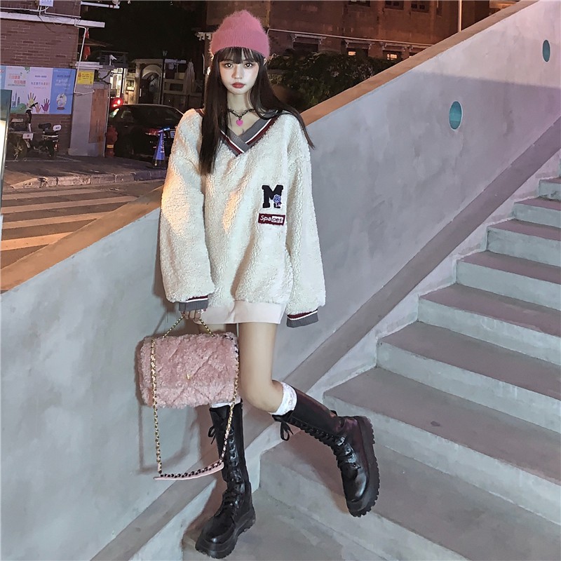 Áo len bông tay dài cổ V hàn quốc ulzzang có big size ( 2 màu ) có big size