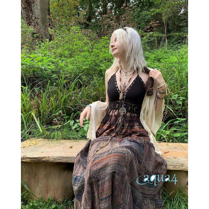 ANANA-Women´s y2k E-girl Summer Long Skirts, Vintage Harajuku Stripes Print Bohemian Style High Waist Skirt Beachwear