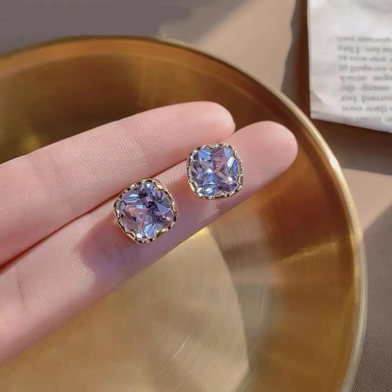 Bông Tai Mạ Bạc 925 Hình Vuông Đính Đá Lấp Lánh Phong Cách Retro Thời Trang Cho Nữ