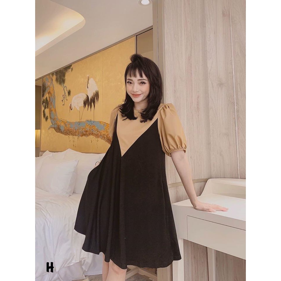 Váy umi tay bồng cổ yếm nâu tây