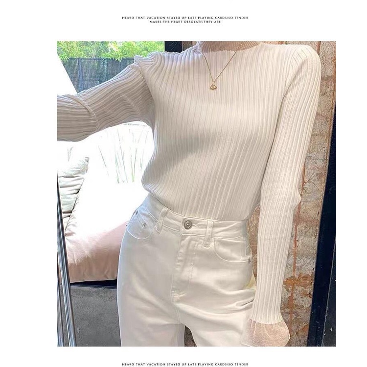 Áo len cổ lọ tay dài phối lưới thời trang thu đông mới thanh lịch cho nữ