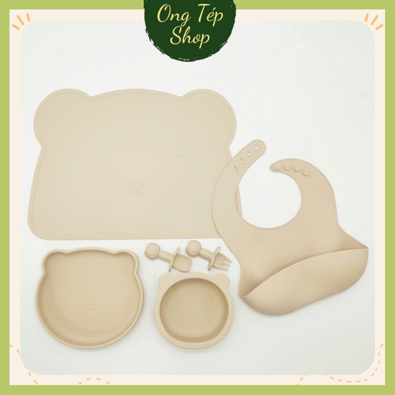 Set ăn dặm silicon 5 món cho bé, bát ăn dặm silicon, khay silicon chống lật phong cách Hàn Quốc