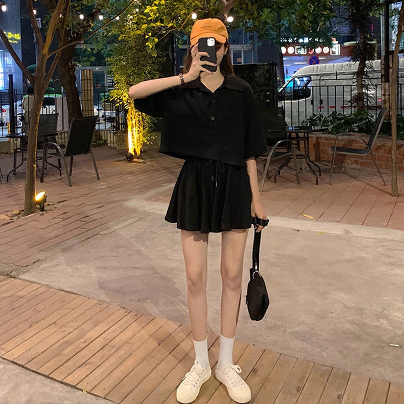 Set đồ COZOK gồm áo thun cổ lật ngắn tay và quần short ống rộng thời trang dành cho nữ