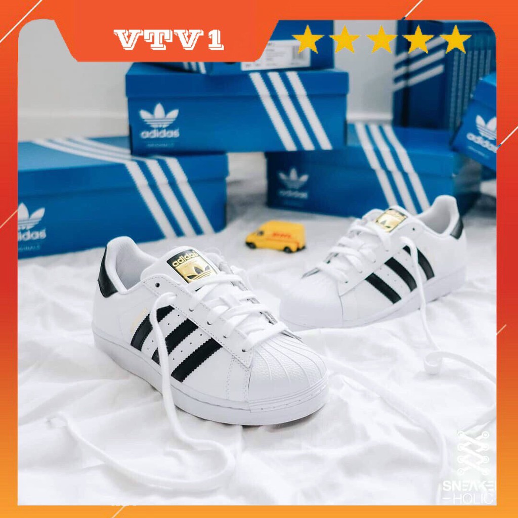 FreeShip Giày thể thao nam nữ trắng sọc đen superstar