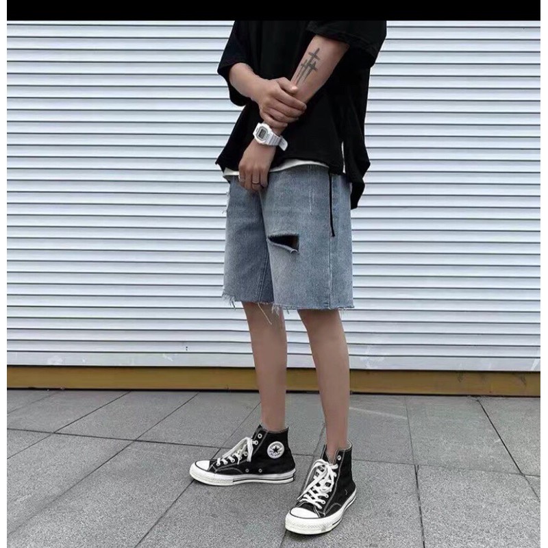 Quần short jean (Bò Lững) ngắn rách gối Unisex nam nữ_ Hình thật kèm clip | WebRaoVat - webraovat.net.vn