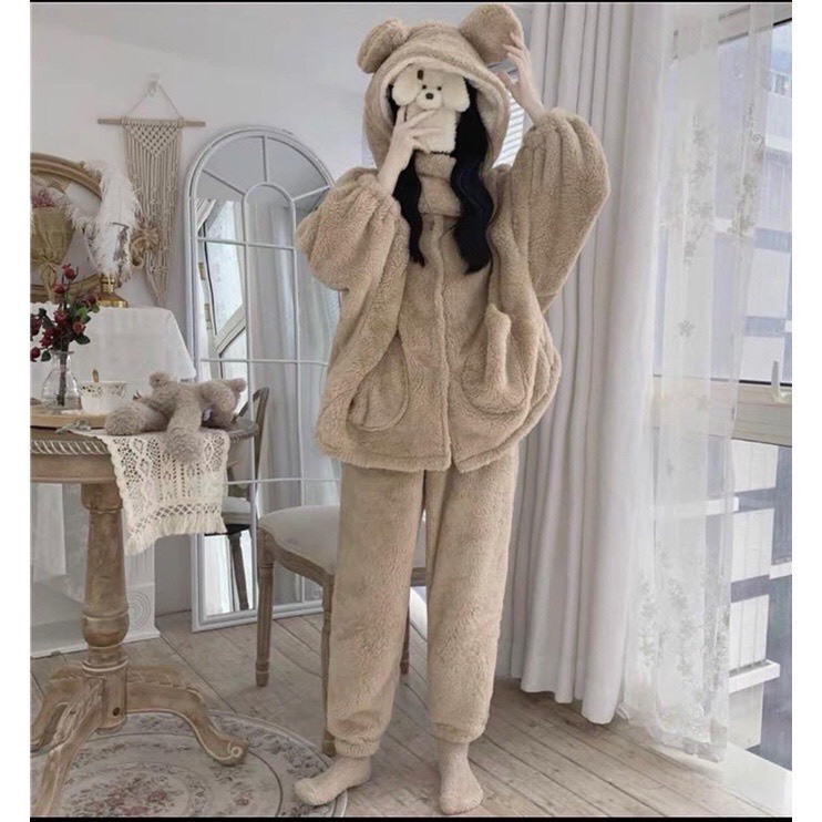 Sét Bộ Lông Tai Thỏ Lông 2 Mặt Mền Mịn Sang Chảnh Ấm Áp Bất Chấp rét Đại Hàn Trơn phối 2 túi.gấu be MET SHOP